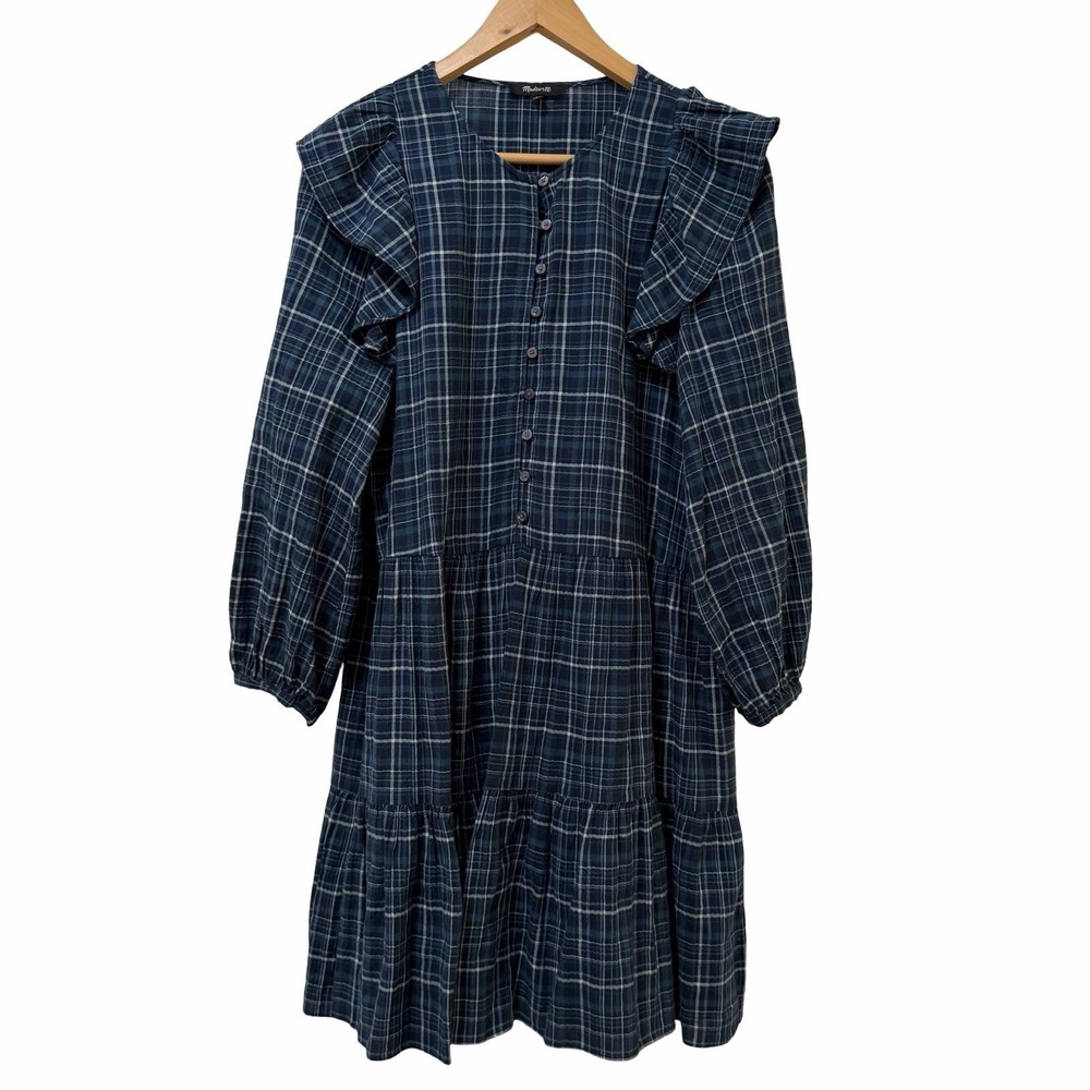 Madewell Ruffle Trim Plaid Cotton Gauze Tiered Mini Dress Size S Navy Modest